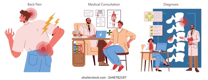 Ilustração de um homem com dor nas costas, consultando um médico em um consultório e recebendo um diagnóstico. Exibe uma sequência de compromisso médico para conscientização da assistência médica. Ilustração vetorial.