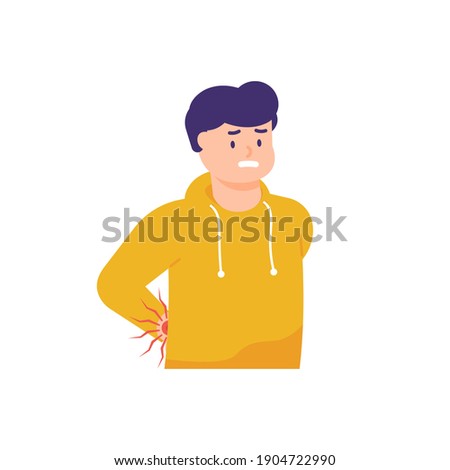 illustration of a man experiencing back pain, rheumatism, back pain, muscle pain. the expression on the face of the person in pain. men wearing hoodie jackets. flat style. cartoon vector design