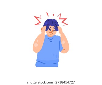 Ilustración de un hombre experimentando un dolor de cabeza. La cabeza se siente como si la hubieran golpeado y palpita. Expresión y gesto. Salud y enfermedades. Concepto Ache. diseño de personajes de personas de estilo plano. El fondo blanco.