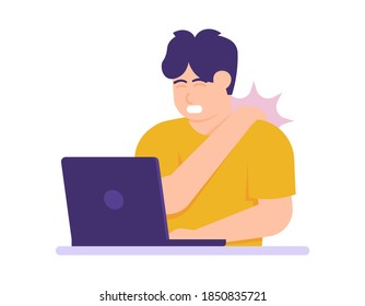 illustration of a man experiencing shoulder pain due to using a laptop or working too long. people suffer from shoulder pain, backache, muscle aches, inflammation. flat style. design elements