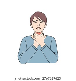 Illustration of a man experiencing a sore throat, highlighting discomfort and pain. The image focuses on the individuals expression and gesture indicating throat irritation.
