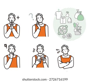 Illustration eines Mannes, der verschiedene Emotionen und Handlungen im Zusammenhang mit Kleidung und Körperpflegeprodukten in der Nähe erlebt