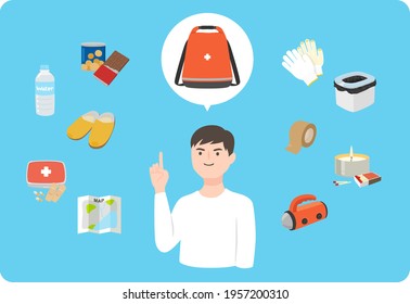 Illustration Of A Man Explaining An Emergency Bag. Food, Maps, Medicines, Etc.