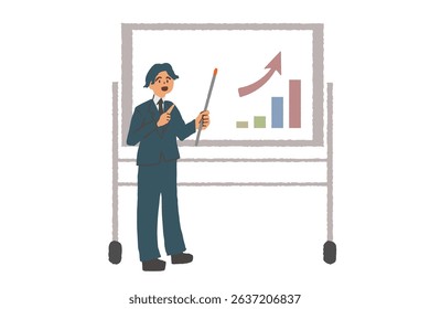 Illustration of a man explaining in front of a whiteboard using an instruction stick