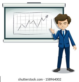 Illustration of a man explaining the graph in the board on a white background