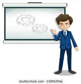 Ilustración de un hombre explicando la imagen en la pizarra sobre un fondo blanco