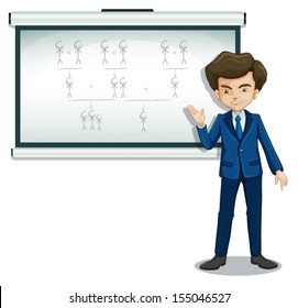 Illustration of a man explaining the images in the bulletin board on a white background