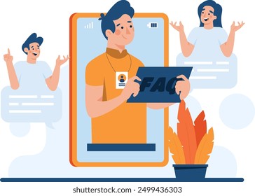 Illustration of a man explaining online faq, digital business vector illustration with colorful design. flat vector illustration