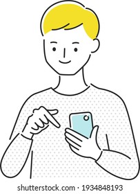 Illustration of a man explaining the operation of a smartphone.