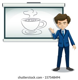 Illustration eines Mannes, der das Bild auf dem Brett auf weißem Hintergrund erklärt