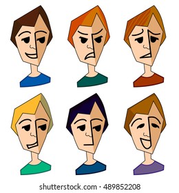 Illustration man faces showing different emotions face vector set. People expression, male smile, boy face and angry man, little fun portrait head. different color hair, sad boy face character.