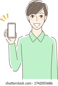 Illustration of a man facing front showing a smiling smartphone screen