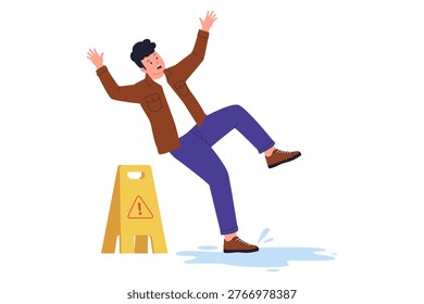 Illustration of Man Falling Down on Wet Slippery Floor. A man losing balance and falling on a puddle next to a yellow wet floor warning sign, representing workplace safety and accidents