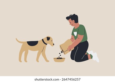 Illustration of Man Feeding Dog Pet Food