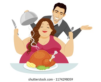 Illustration of a Man Feeding His Lover Whole Roasted Chicken or Turkey. Fat Fetishism Subculture