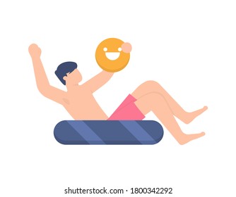 illustration of a man feeling happy while using a tire buoy. playground business or tourist object. the concept of satisfaction levels, reviews, expressions, surveys, likes or dislikes. flat design.