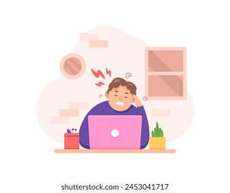 illustration of a man feeling a headache. headache and dizziness when working. headaches from working too long. health problems in workers or employees. flat style character illustration design