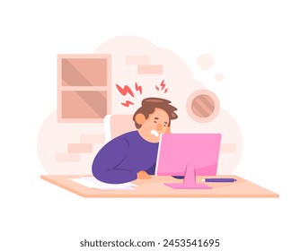 illustration of a man feeling a headache. headache and dizziness when working. headaches from working too long. health problems in workers or employees. flat style character illustration design