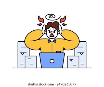 illustration of a man feeling a headache and dizziness because he has to complete many tasks. too many work assignments. stress due to workload. outline style character design. graphic elements