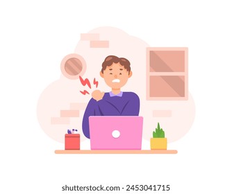 illustration of a man feeling pain in his shoulder. shoulder pain when working. Shoulder muscles are sore and stiff due to working too long. health problems in workers or employees. character