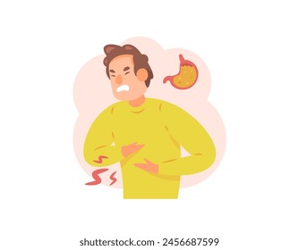 illustration of a man feeling pain in his stomach. stomach ache. Gastroesophageal reflux disease or GERD. acid reflux or ulcer. problems with the stomach or digestive system. health. flat style 