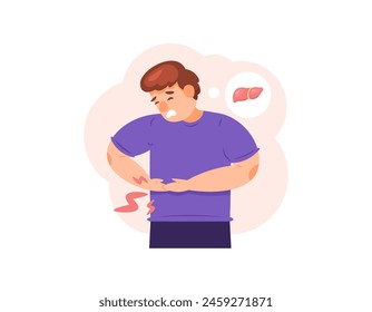 illustration of a man feeling pain in his stomach. liver problems. suffering from hepatitis. liver disease. expression and gesture. health problems. flat style character illustration design. graphic