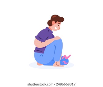 illustration of a man feeling pain in his legs when squatting. pain in the ankle. infection and inflammation of the joints. injury or sprain. bone and joint health issues. flat style character design