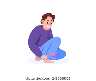 illustration of a man feeling pain in his legs when squatting. pain in the ankle. injury or sprain. bone and joint health problems. facial expressions. flat style character design. graphic elements