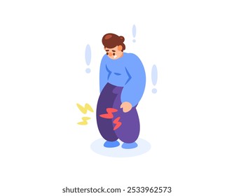 illustration of man feeling pain in knee due to injury or arthritis. knee pain when standing or walking. muscle, bone and joint health problems. flat style character design. elements