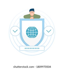 illustration of a man feeling secure because there is a shield to protect him. the concept of personal data protection or personal identity protection, VPN, browsing security. flat style. UI element