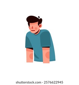 Illustration of man feels fatigue. Symptom of seasonal flu. Tired person, exhausted, lack battery energy, low charge, burnout at workplace, stress. Flat character isolated on white background