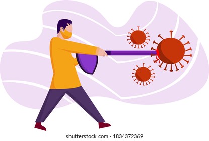 
illustration of a man fighting a virus. flat illustration design about covid-19 and new normal. Man in protective medical face masks. men wielding swords and shields