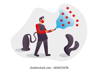 
illustration of a man fighting a virus. flat illustration design about covid-19 and new normal.Man in protective medical face masks. 