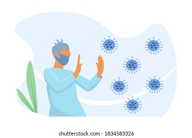 
illustration of a man fighting a virus. flat illustration design about covid-19 and new normal. Man in protective medical face masks. 
