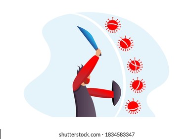 
illustration of a man fighting a virus. flat illustration design about covid-19 and new normal. Man in protective medical face masks. men wielding swords and shields