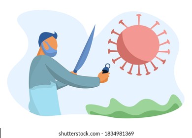 
Illustration eines Mannes, der einen Virus bekämpft. flaches Design über covid-19 und neue normal. Mann in medizinischen Schutzmasken. 