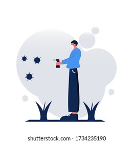 illustration of a man fighting a virus with a hand sanitizer