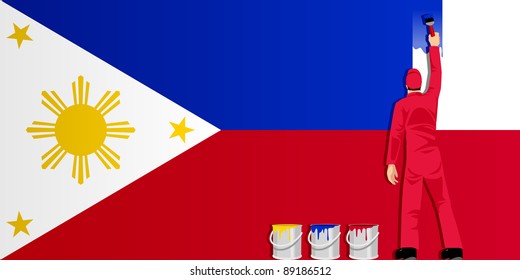 Illustration of a man figure painting the flag of Philippines