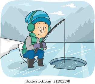 Illustration of a Man Fishing in a Frozen River