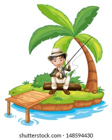 Illustration of a man fishing in the island on a white background