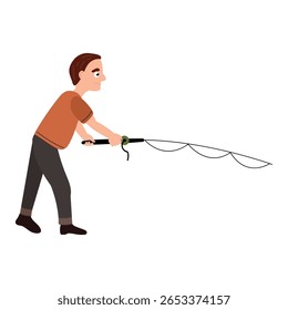 Illustration of Man Fishing with Fishing Rod. White background, isolate