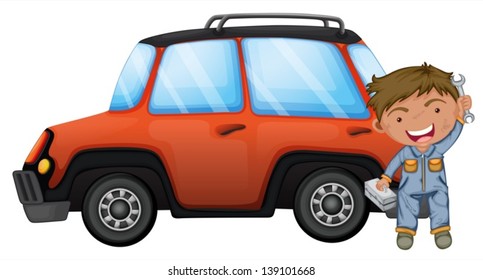 Illustration of a man fixing the orange car on a white background