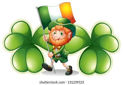 Illustration of a man with a flag in front of the two big clover plants on a white background