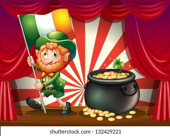 Illustration of a man with a flag and a pot of gold at the stage