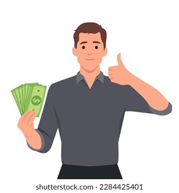 Illustration of a Man Flashing a Thumbs Up While Holding Dollar Bills. Flat vector illustration isolated on white background