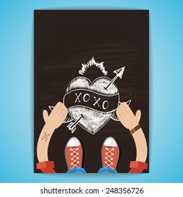 Illustration of man (flat) and chalk painted heart. Happy Valentine's Day theme. Flyer A4 size.