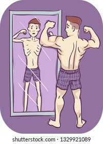 Illustration of a Man Flexing His Arms in Front of a Mirror and Seeing a Very Thin Version of Him
