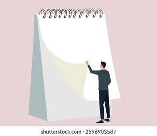 illustration of a man flipping a large calendar page, symbolizing change, planning, and new beginnings. Perfect for time management, scheduling, and productivity concepts