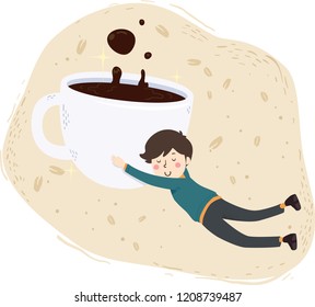 Illustration of a Man Floating and Hugging a Cup of Coffee