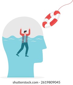 An illustration of a man floating with a lifesaver waves for help

